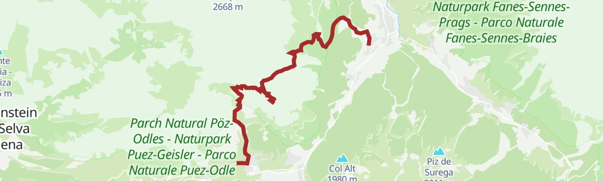 Route map: From Colfosco to the Sassongher and Gherdenacia, ending in La Villa